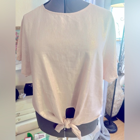 NWT ANNE KLEIN Pink & Gold Linen Blend Pearlescent Sz M Bowed Front Hem Luxury - Picture 2 of 10